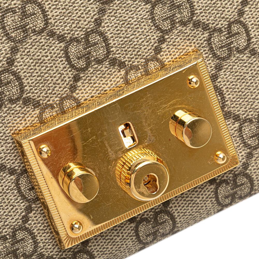Gucci B Gucci Brown Beige Coated Canvas Fabric Small GG Supreme Padlock Crossbody Italy