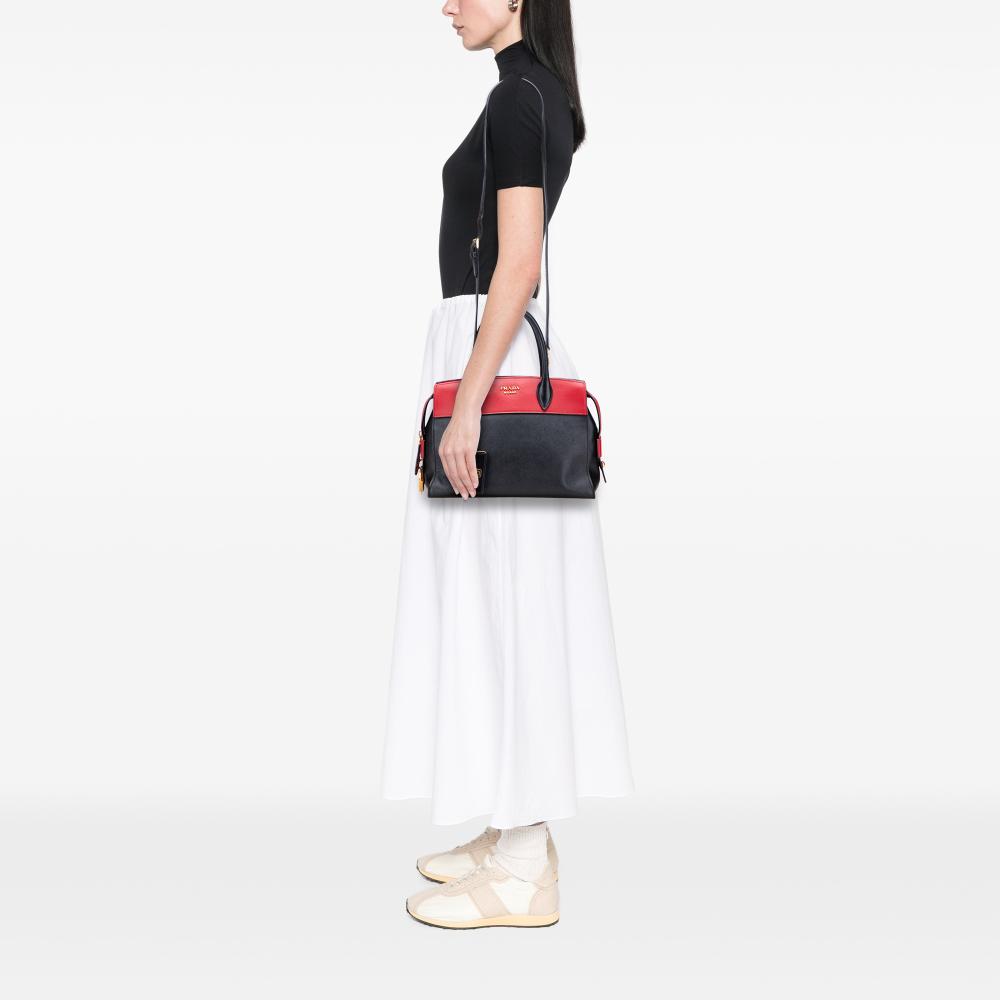 Prada B Prada Black Saffiano Leather and City Calf Esplanade Satchel Italy