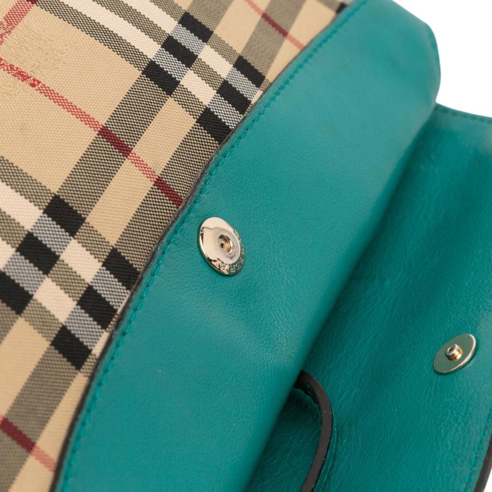 Burberry B Burberry Brown Beige with Blue Turquoise Canvas Fabric Haymarket Check Leah Crossbody Italy