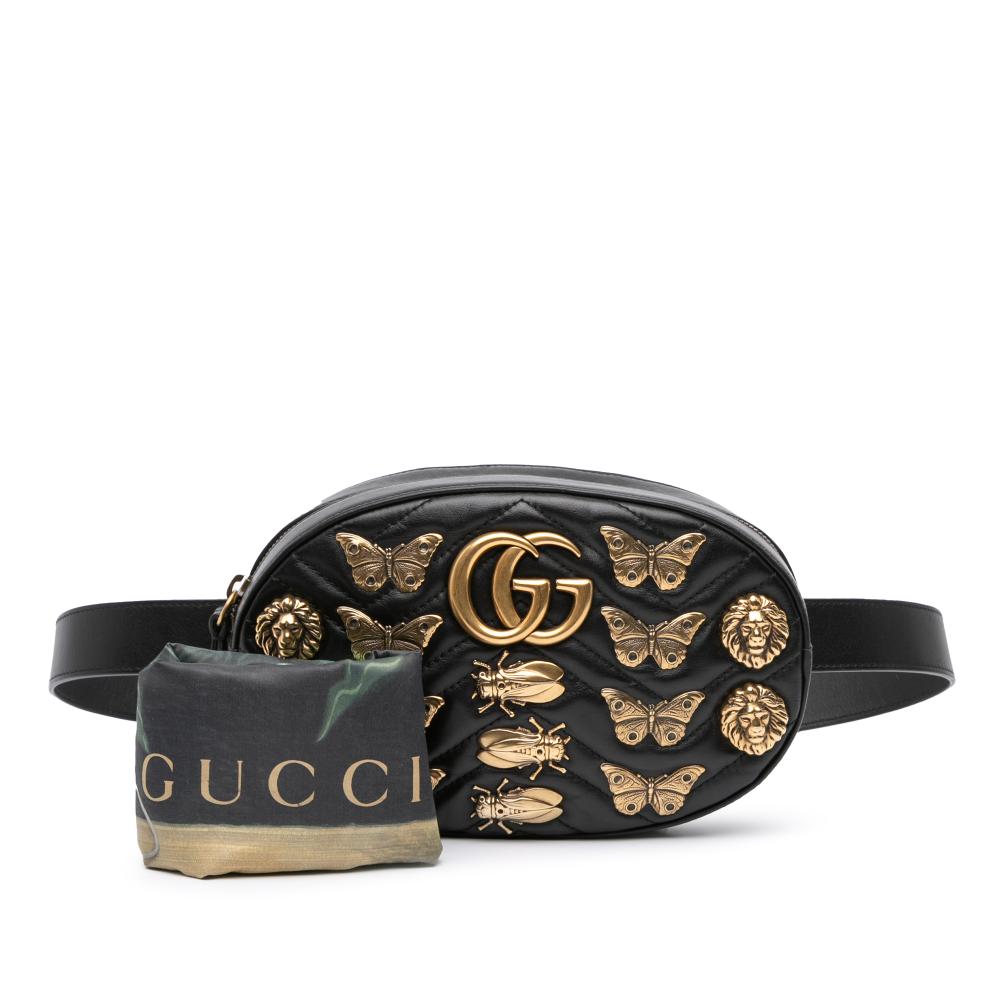 Gucci B Gucci Black Calf Leather GG Marmont Matelasse Animalier Belt Bag Italy