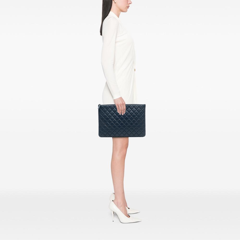 Chanel AB Chanel Blue Dark Blue Lambskin Leather Leather Large Quilted Lambskin O Case Clutch Italy