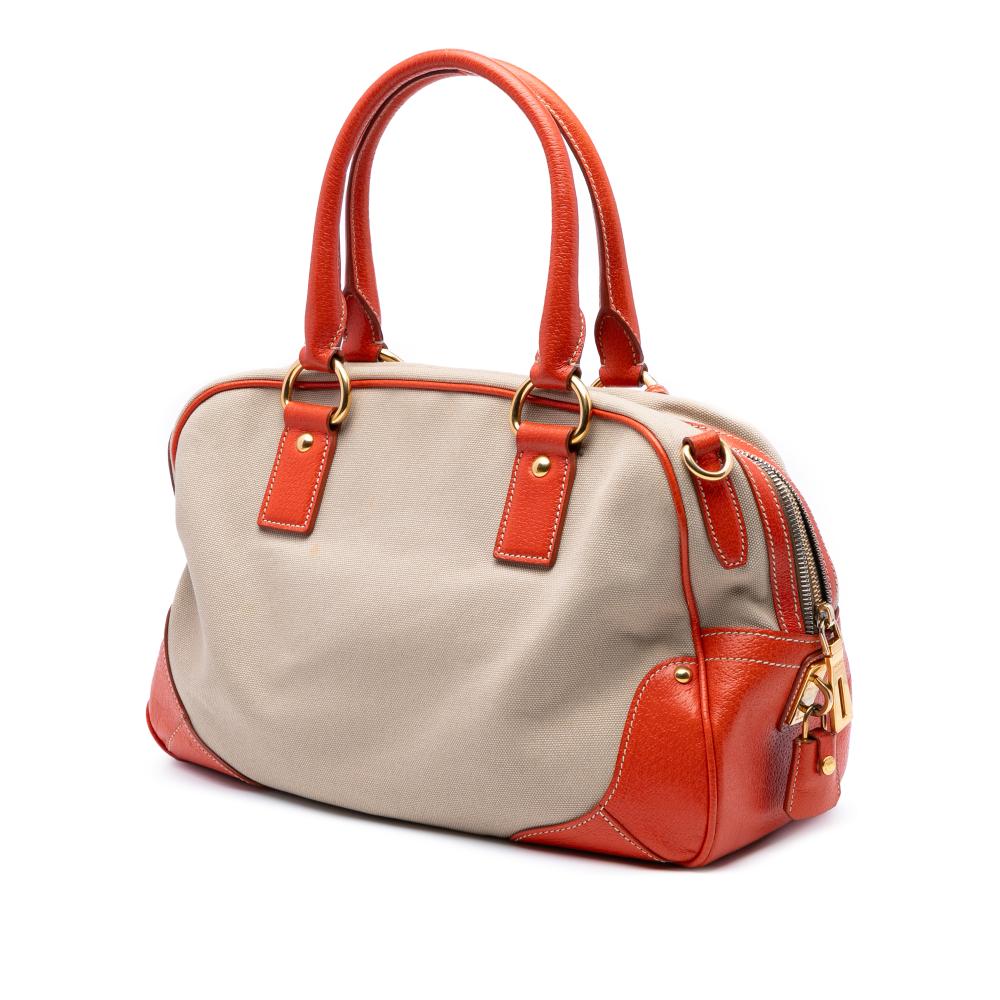 Prada B Prada Brown Beige with Orange Canvas Fabric Cinghial Trimmed Canapa Satchel Italy