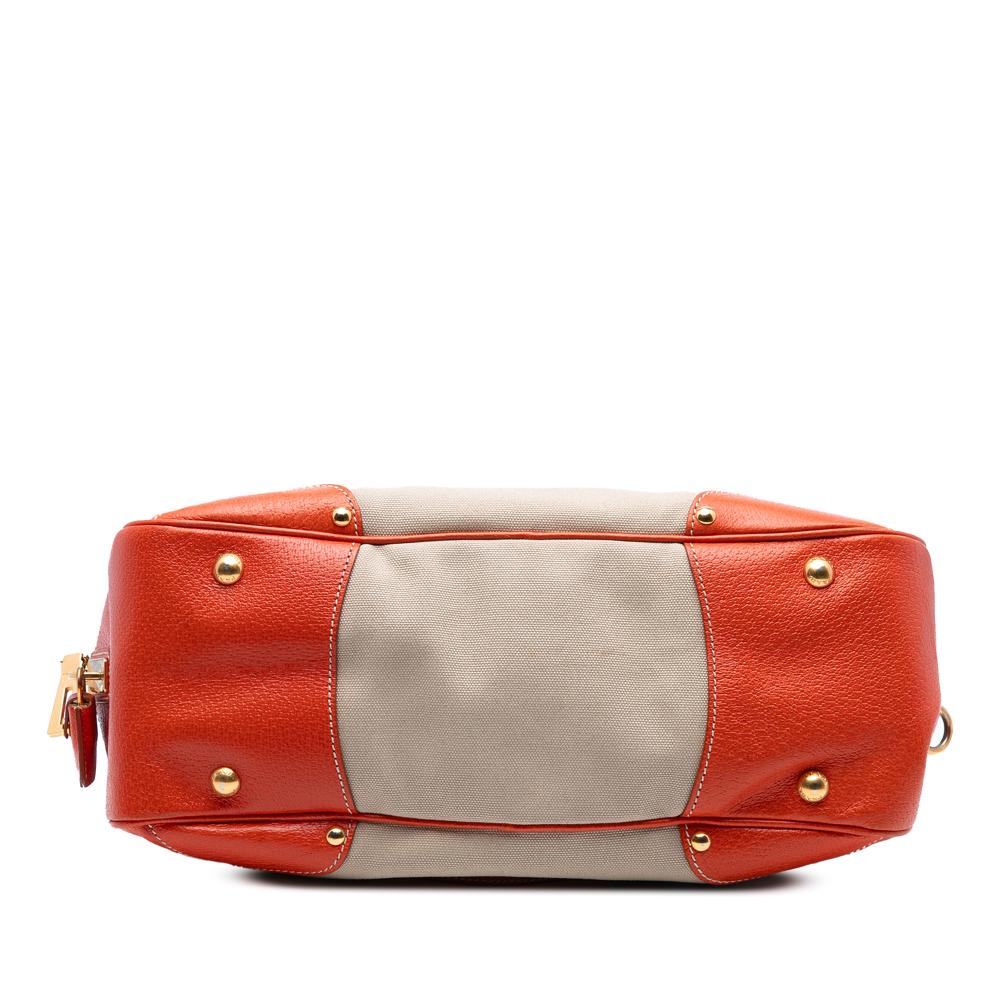 Prada B Prada Brown Beige with Orange Canvas Fabric Cinghial Trimmed Canapa Satchel Italy