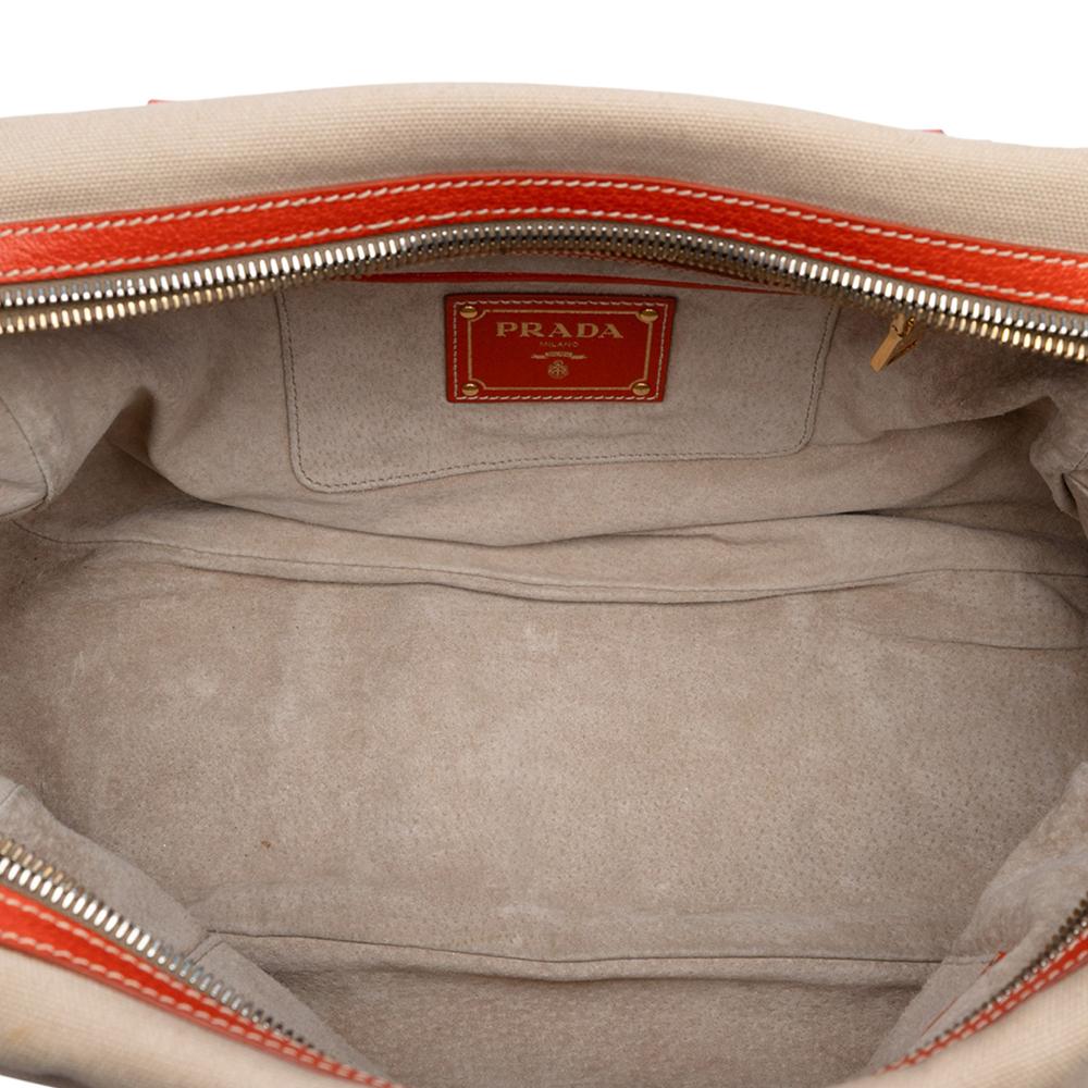 Prada B Prada Brown Beige with Orange Canvas Fabric Cinghial Trimmed Canapa Satchel Italy
