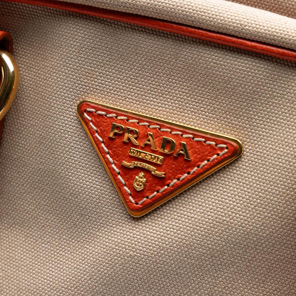 Prada B Prada Brown Beige with Orange Canvas Fabric Cinghial Trimmed Canapa Satchel Italy