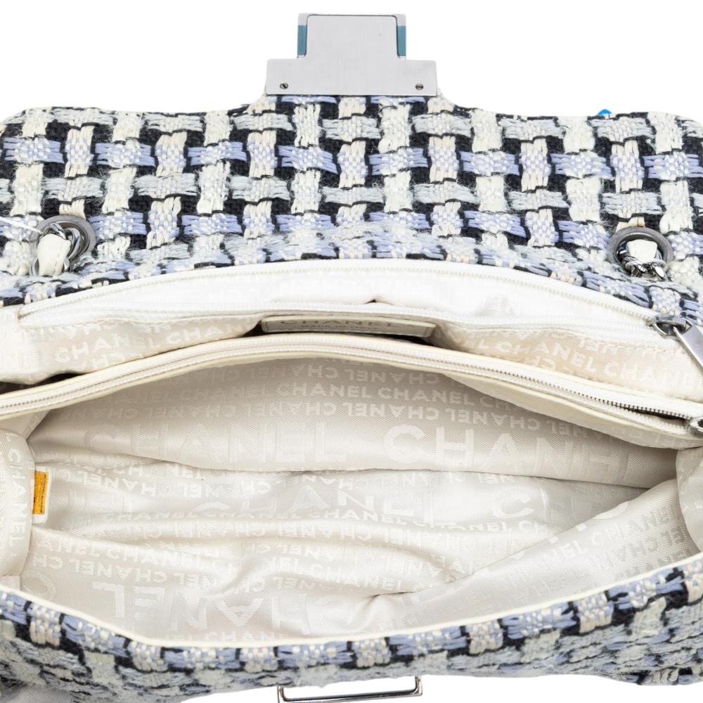 Chanel B Chanel Black with White Off White Tweed Fabric and Calfskin Woven Single Flap Italy