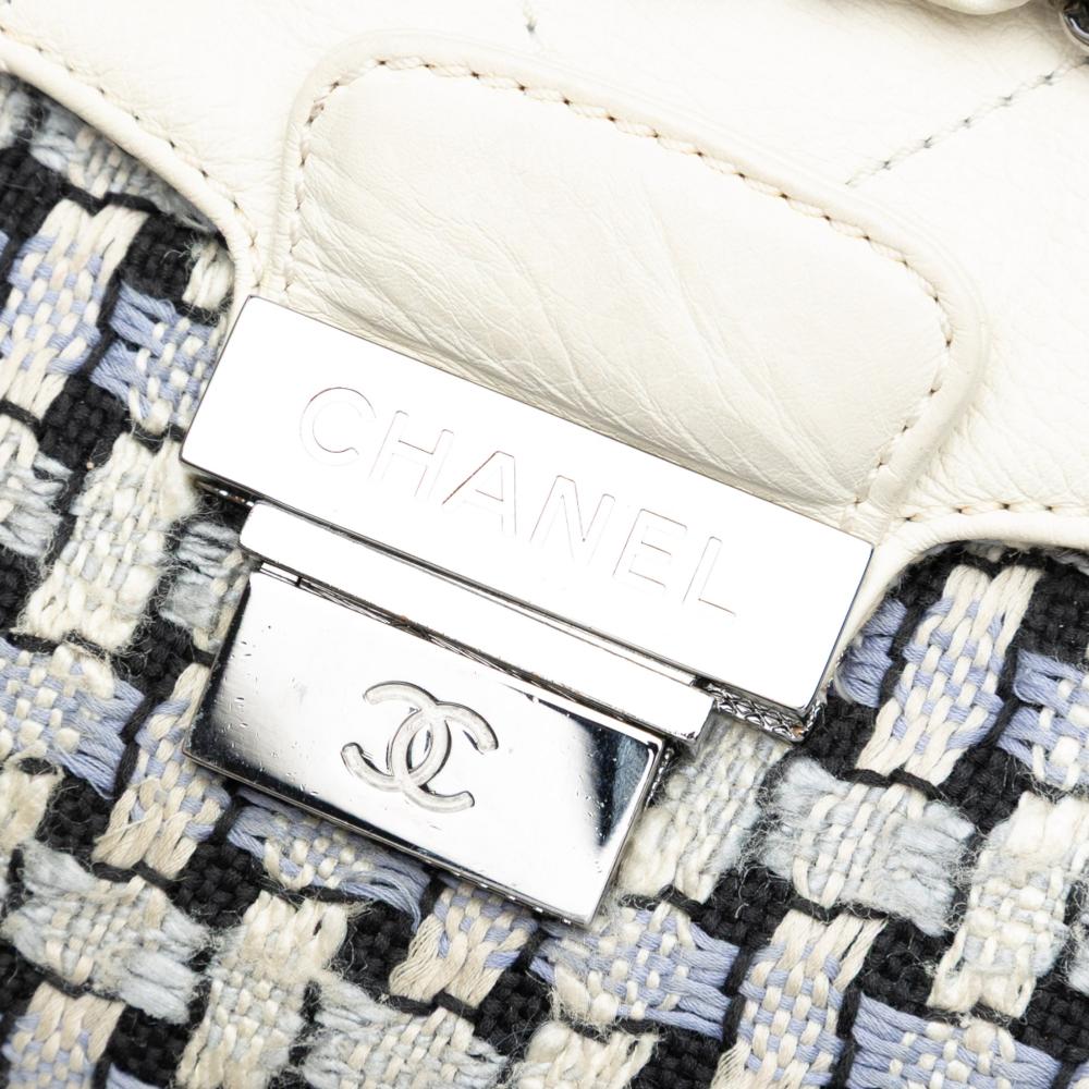 Chanel B Chanel Black with White Off White Tweed Fabric and Calfskin Woven Single Flap Italy