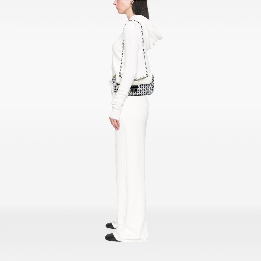 Chanel B Chanel Black with White Off White Tweed Fabric and Calfskin Woven Single Flap Italy