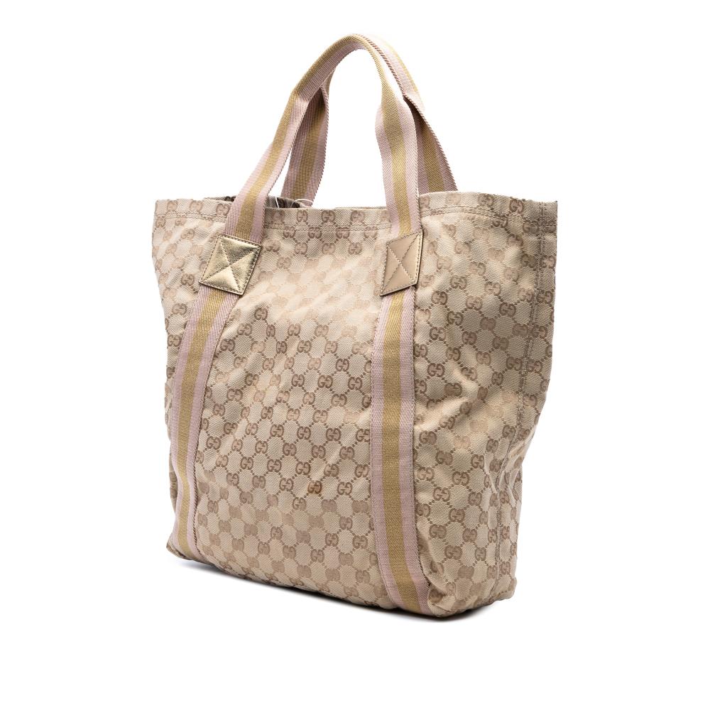 Gucci B Gucci Brown Beige with Gold Canvas Fabric GG Web Tote Italy