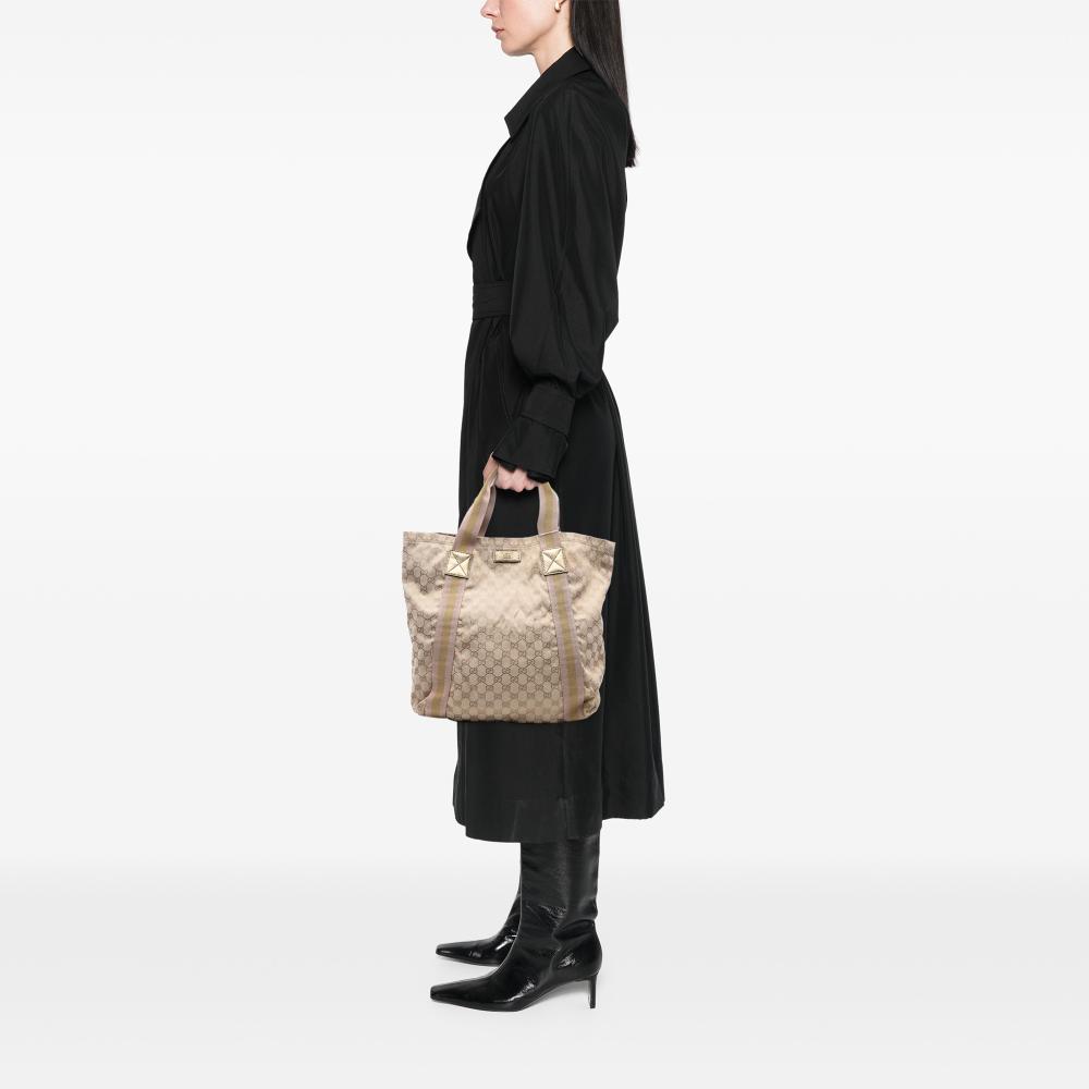 Gucci B Gucci Brown Beige with Gold Canvas Fabric GG Web Tote Italy