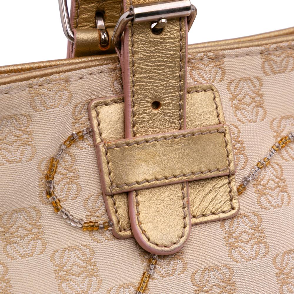 Loewe B LOEWE Brown Beige with Gold Canvas Fabric Anagram Embroidered Tote Spain