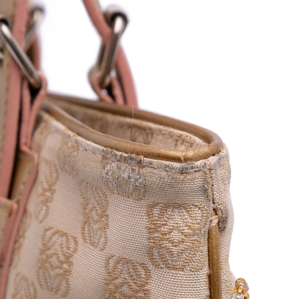 Loewe B LOEWE Brown Beige with Gold Canvas Fabric Anagram Embroidered Tote Spain