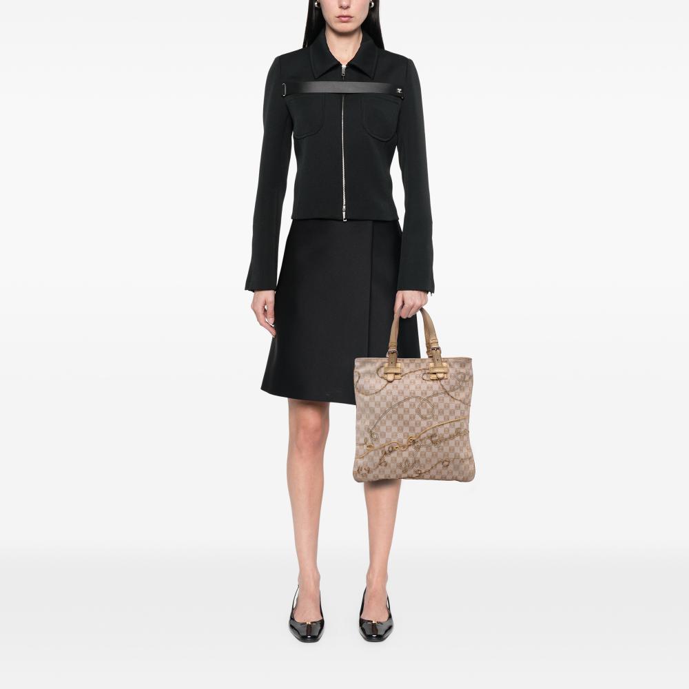 Loewe B LOEWE Brown Beige with Gold Canvas Fabric Anagram Embroidered Tote Spain