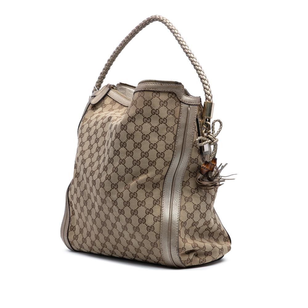 Gucci B Gucci Brown Beige Canvas Fabric Large GG Bella Shoulder Bag Italy