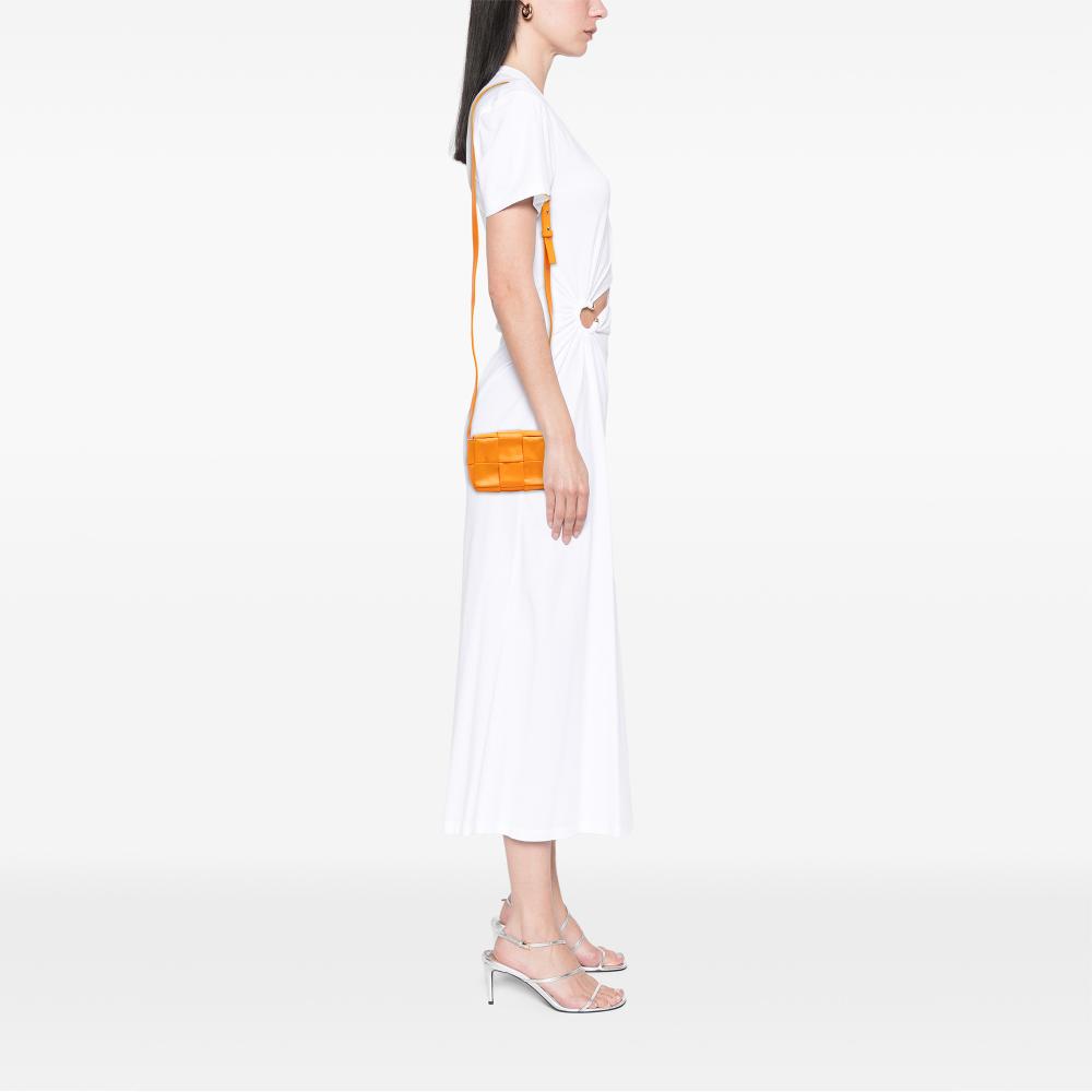 Bottega Veneta Orange Extra Mini Crinkled Lambskin Intrecciato Cassette Crossbody Italy