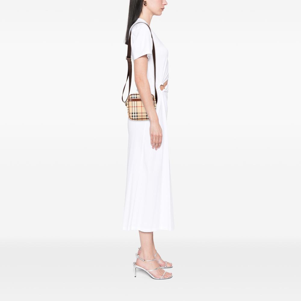 Burberry B Burberry Brown Beige Canvas Fabric Haymarket Check Crossbody Italy