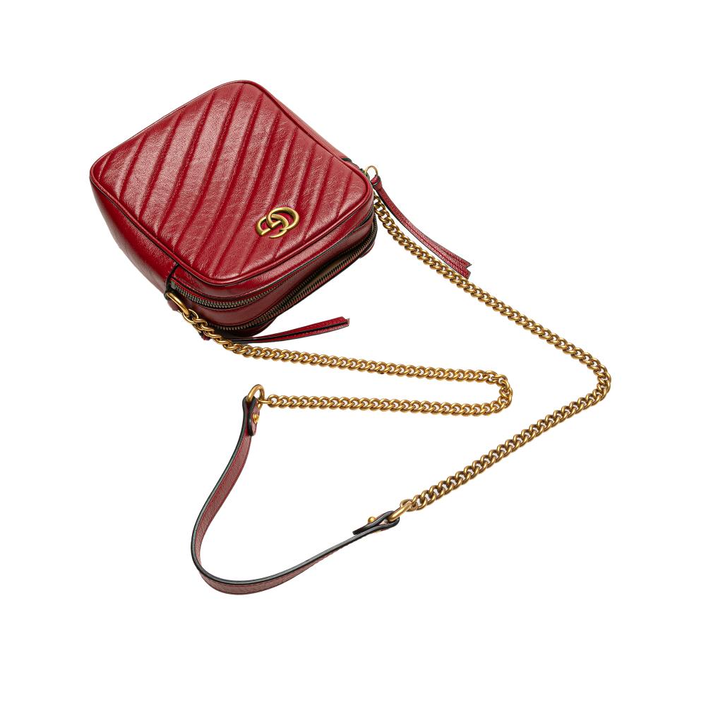 Gucci B Gucci Red Calf Leather GG Marmont Matelasse Double Zip Crossbody Italy