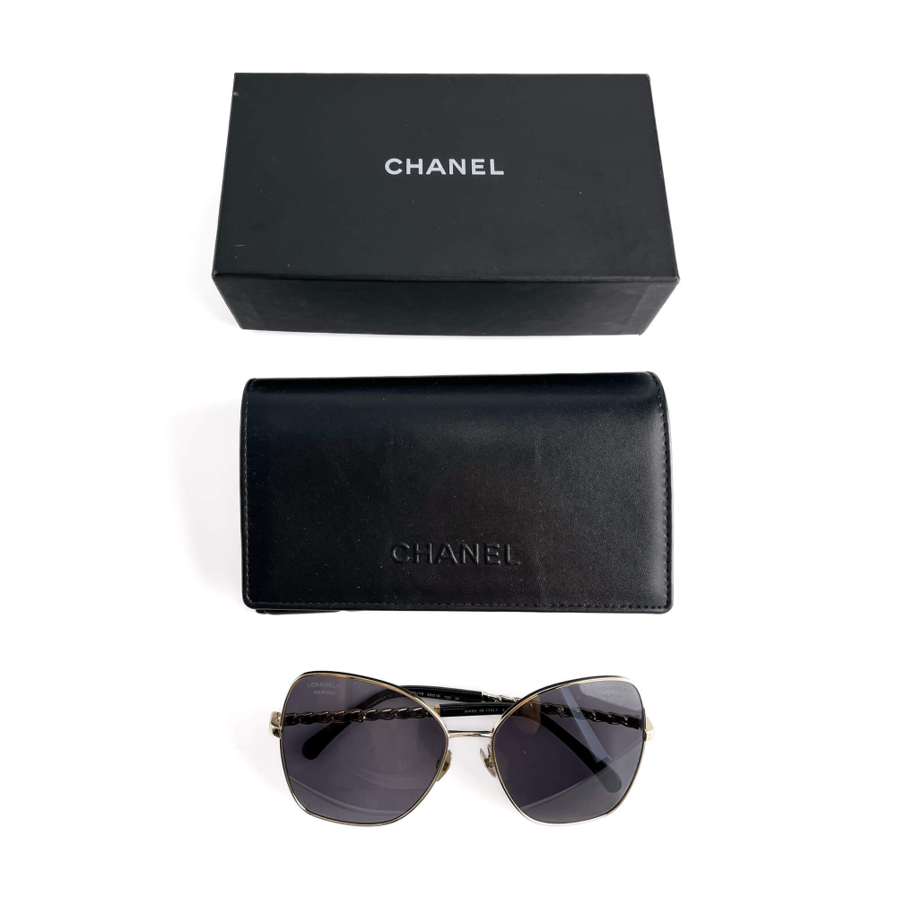 Chanel Pilot Acetate and Calfskin Quilted Square Sunglasses Black