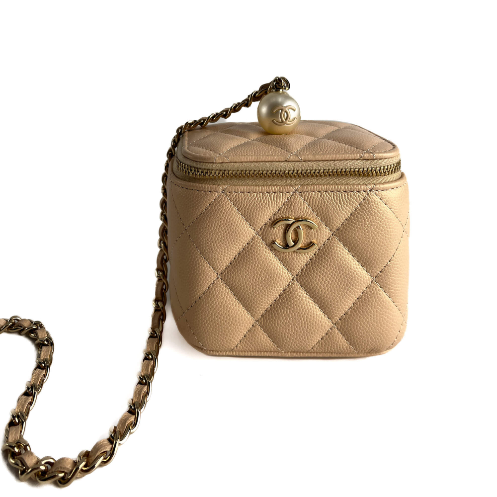 Chanel Vanity Case Mini Caviar Leather Pearl Charm Quilted Handbag Champagne Gold-tone