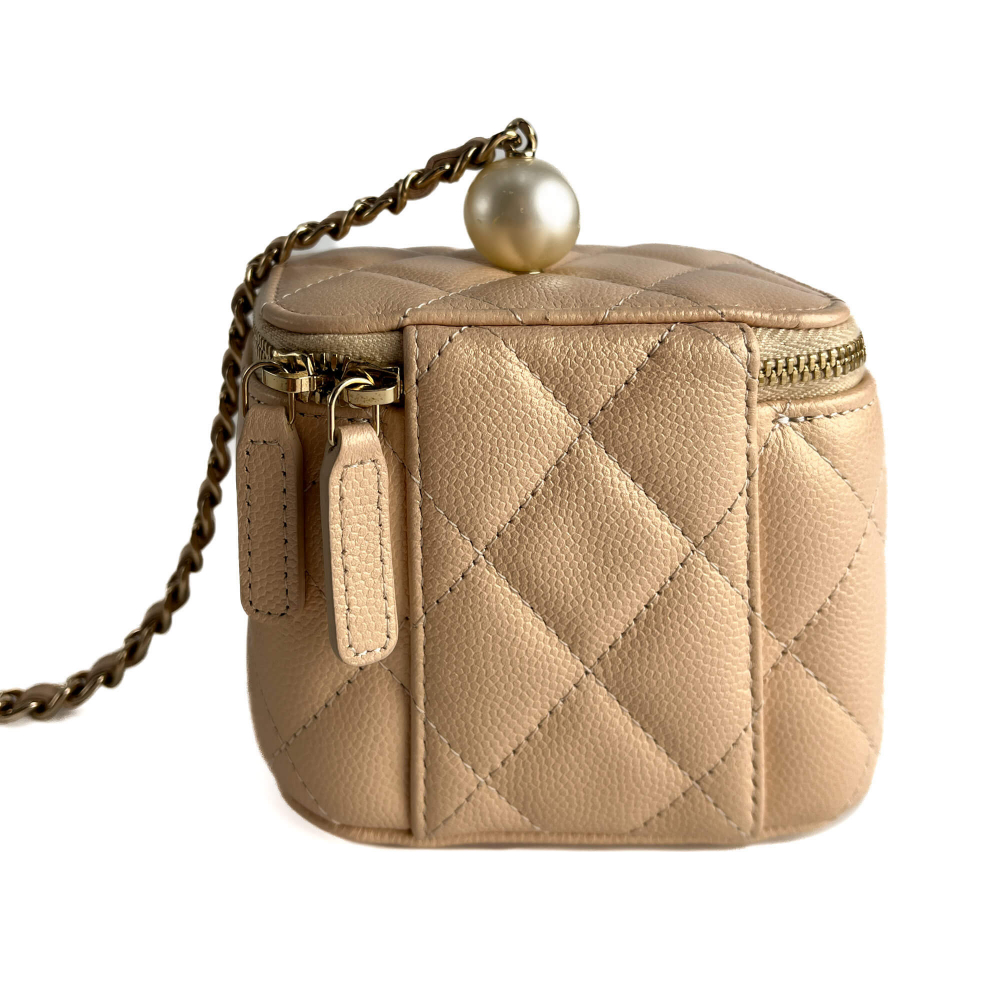Chanel Vanity Case Mini Caviar Leather Pearl Charm Quilted Handbag Champagne Gold-tone