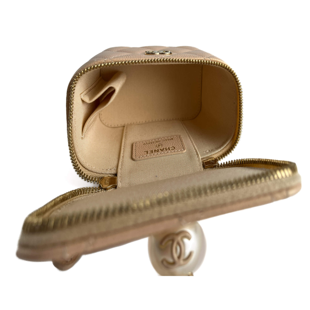 Chanel Vanity Case Mini Caviar Leather Pearl Charm Quilted Handbag Champagne Gold-tone