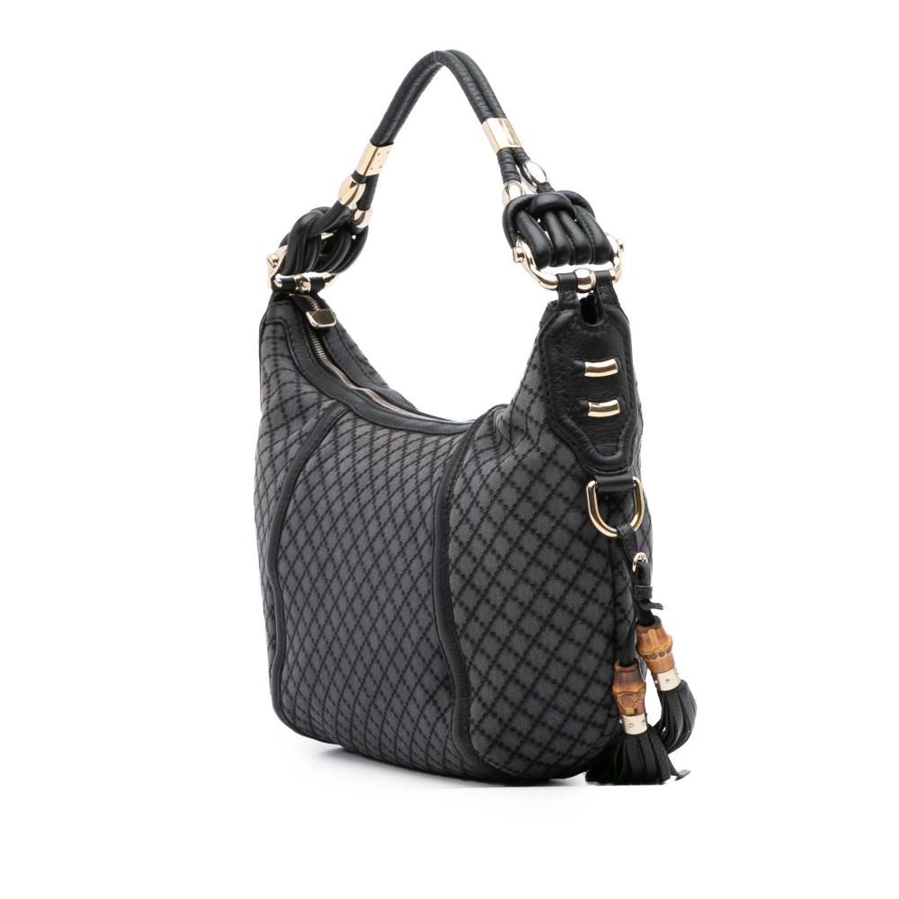 Gucci B Gucci Gray Dark Gray Canvas Fabric Medium Diamante Techno Horsebit Hobo Italy