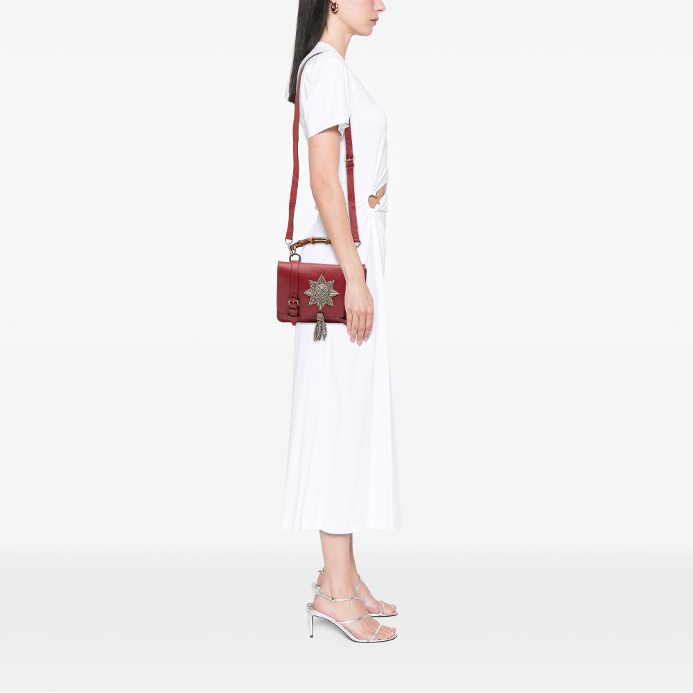 Gucci B Gucci Red Calf Leather Bamboo Convertible Top Handle Bag Italy