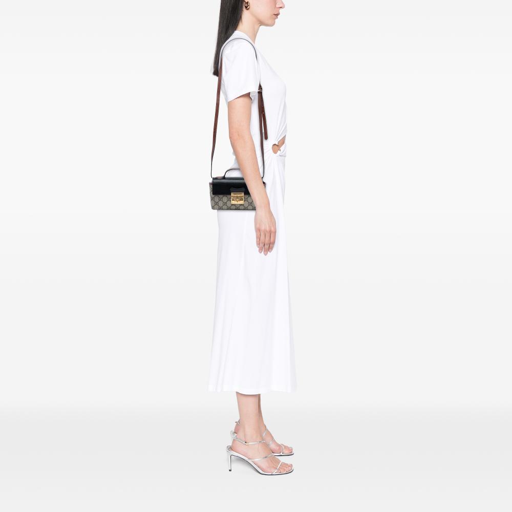 Gucci B Gucci Brown Beige Coated Canvas Fabric Mini GG Supreme Padlock Satchel Italy