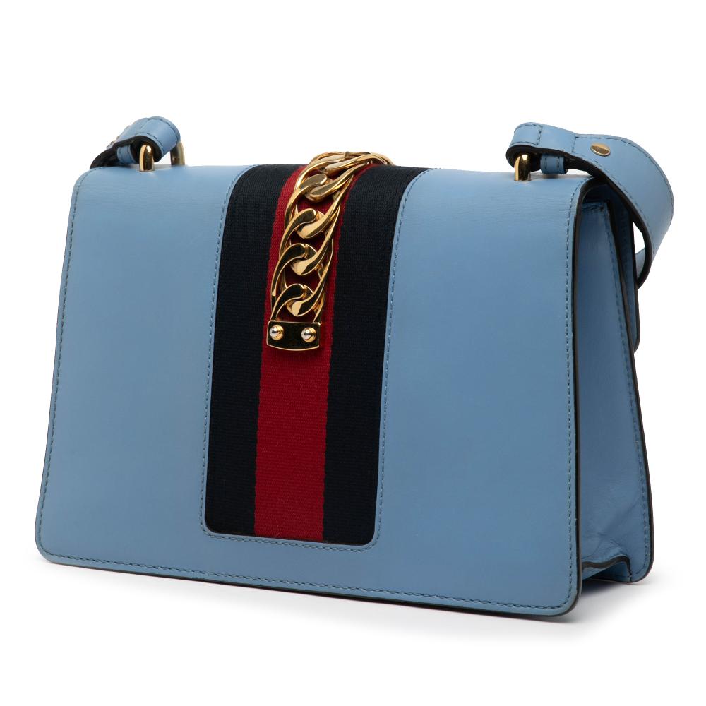Gucci B Gucci Blue Calf Leather Small Sylvie Web Satchel Italy