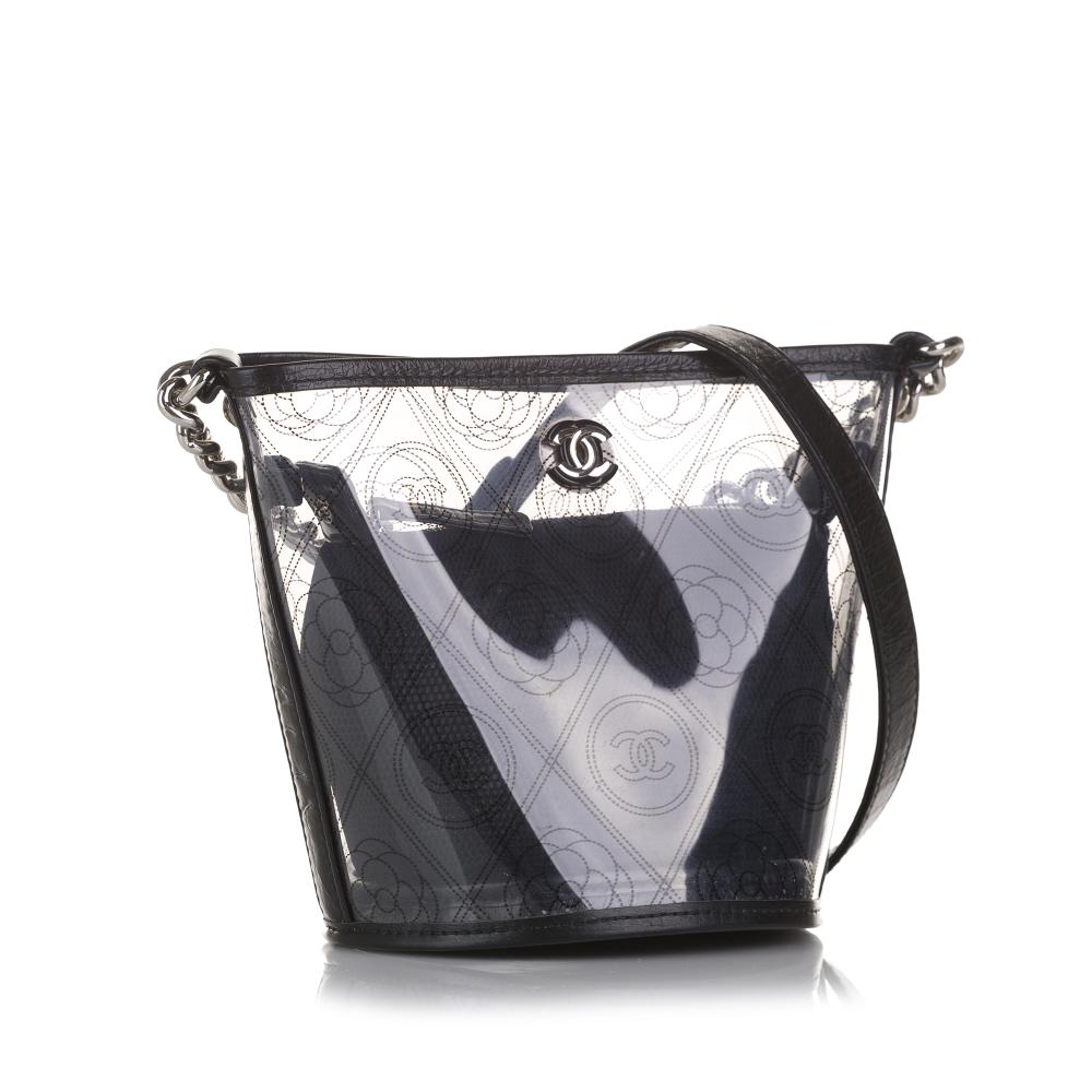 Chanel AB Chanel Black PVC Plastic Crumpled Calfskin Camellia Bucket France