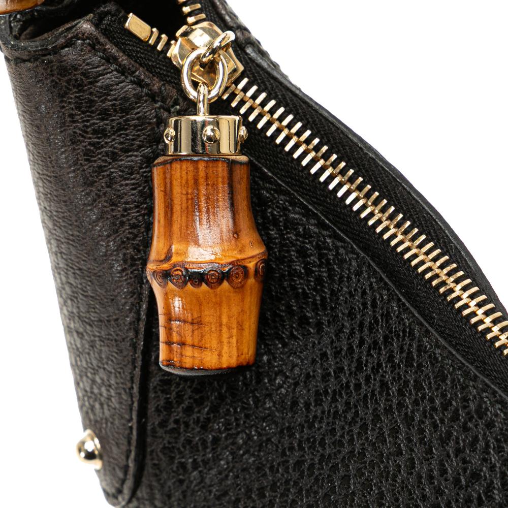 Gucci B Gucci Black Calf Leather Pebbled skin Bamboo Ring Hobo Italy