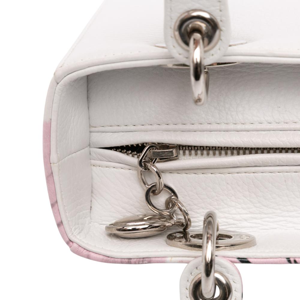Christian Dior AB Dior White Goatskin Leather Medium Deerskin Floral Printed Lady Dior Italy