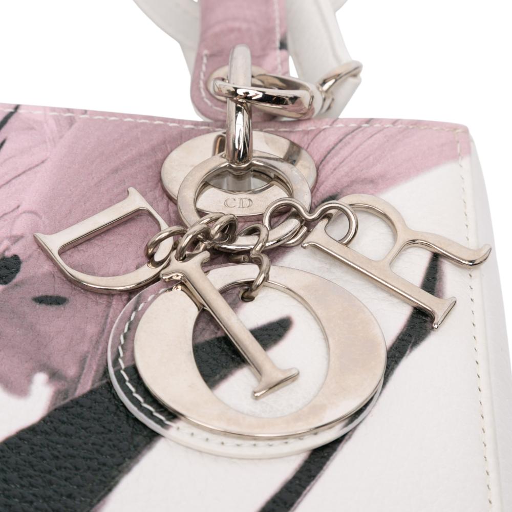 Christian Dior AB Dior White Goatskin Leather Medium Deerskin Floral Printed Lady Dior Italy