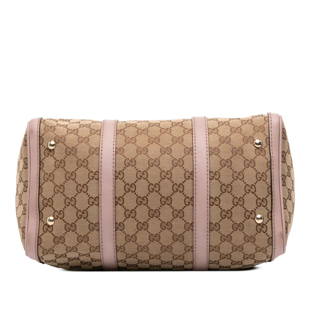 Gucci B Gucci Brown Beige with Pink Light Pink Canvas Fabric Medium GG Joy Boston Bag Italy