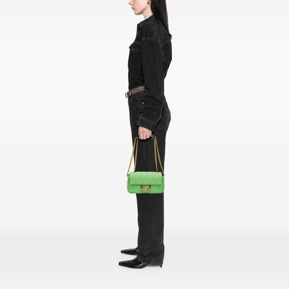 Fendi AB Fendi Green Light Green Nappa Leather Leather Small FF Nappa Embossed Chain Midi Baguette Italy