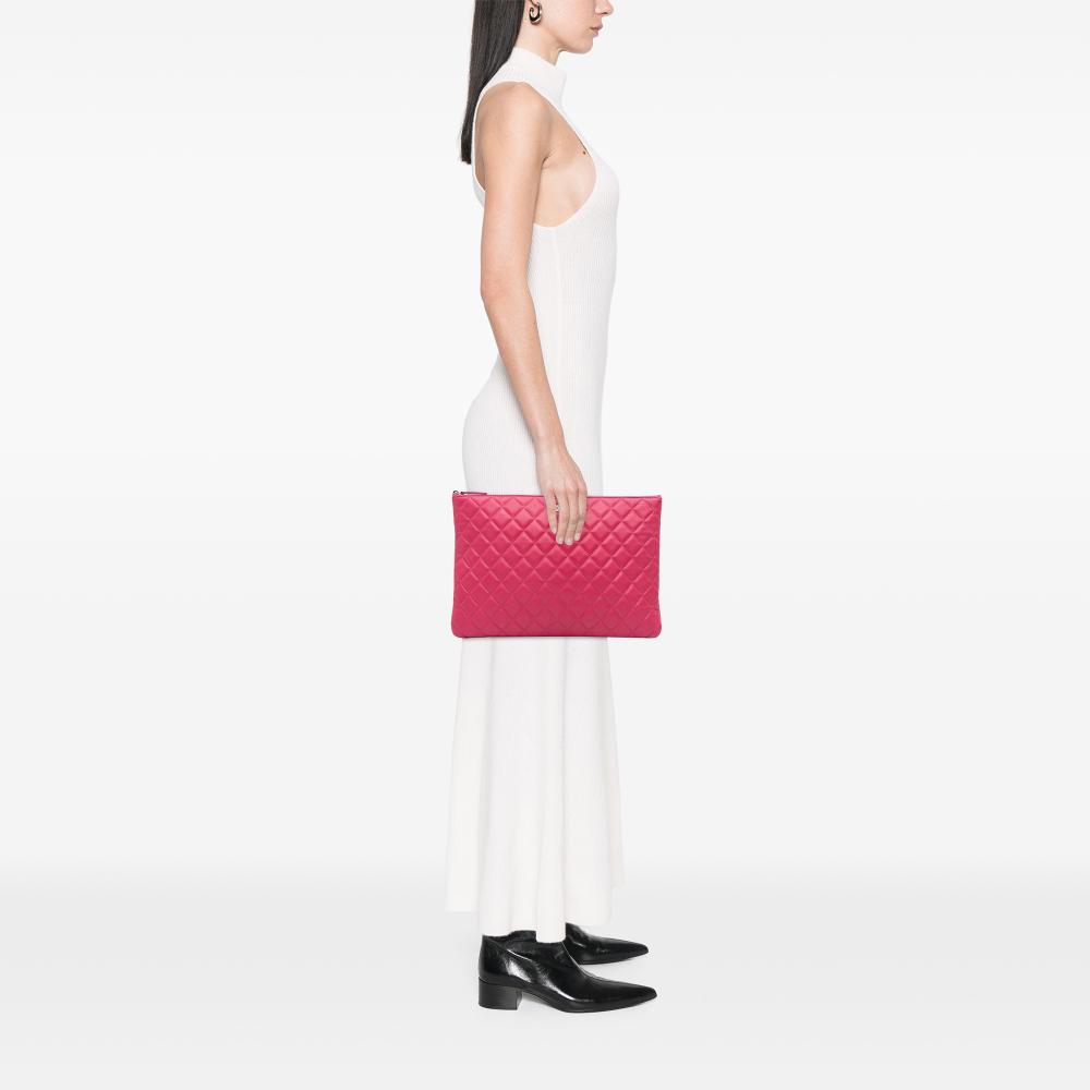 Chanel B Chanel Pink Hot Pink Lambskin Leather Leather Large Quilted Lambskin O Case Clutch Italy