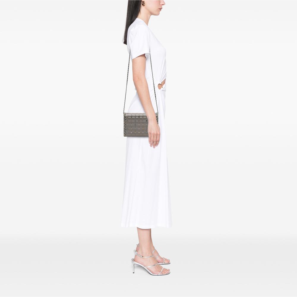 Chanel Gray Small Lambskin Chocolate Bar CC Piercing Studded Chain Flap Italy