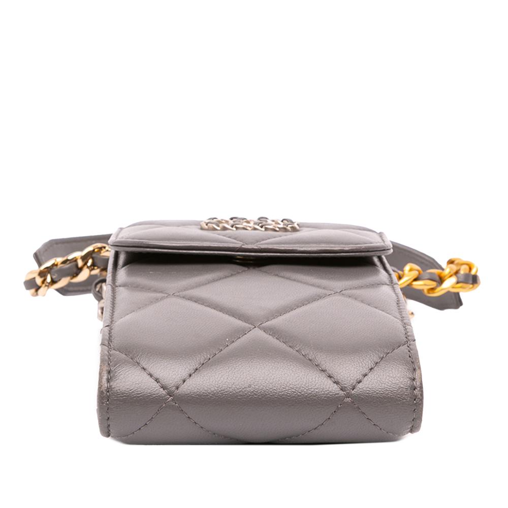 Chanel B Chanel Gray Lambskin Leather Leather Lambskin 19 Phone Holder with Chain Italy