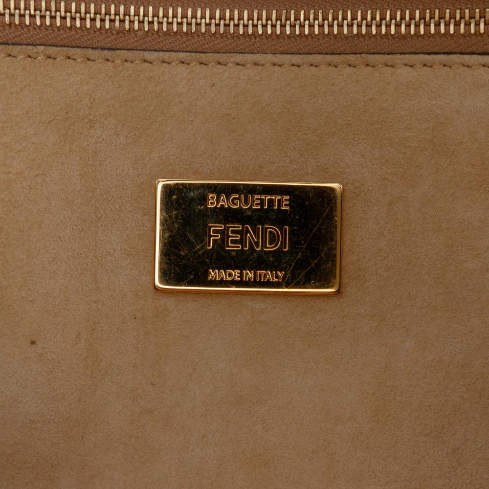 Fendi B Fendi Brown Light Beige Calf Leather Metal Stitch Baguette Satchel Italy