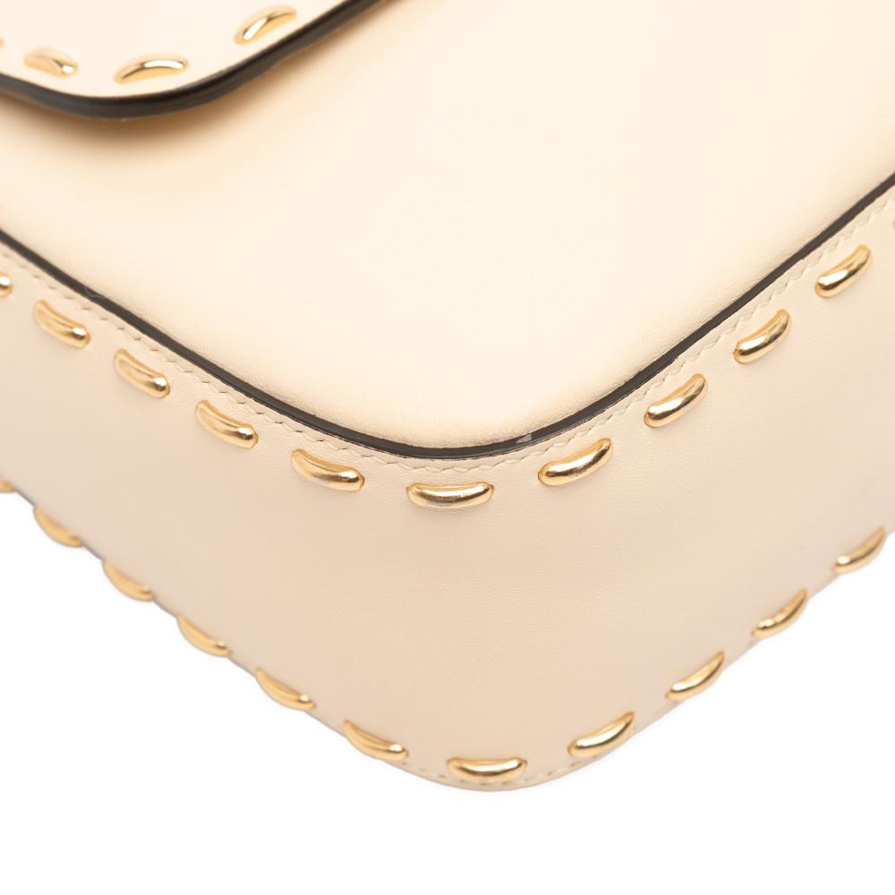 Fendi B Fendi Brown Light Beige Calf Leather Metal Stitch Baguette Satchel Italy