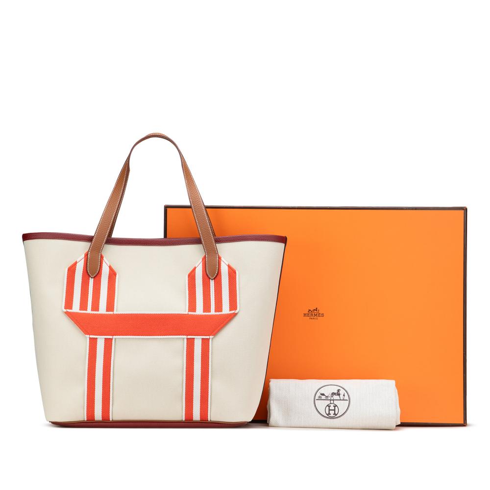 Hermès AB Hermès Brown Beige Canvas Fabric Toile and Clemence Pursangle Tote France