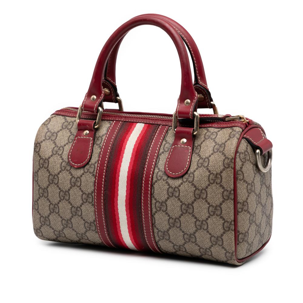 Gucci B Gucci Brown Beige with Red Coated Canvas Fabric Small GG Supreme Web Joy Boston Bag Italy
