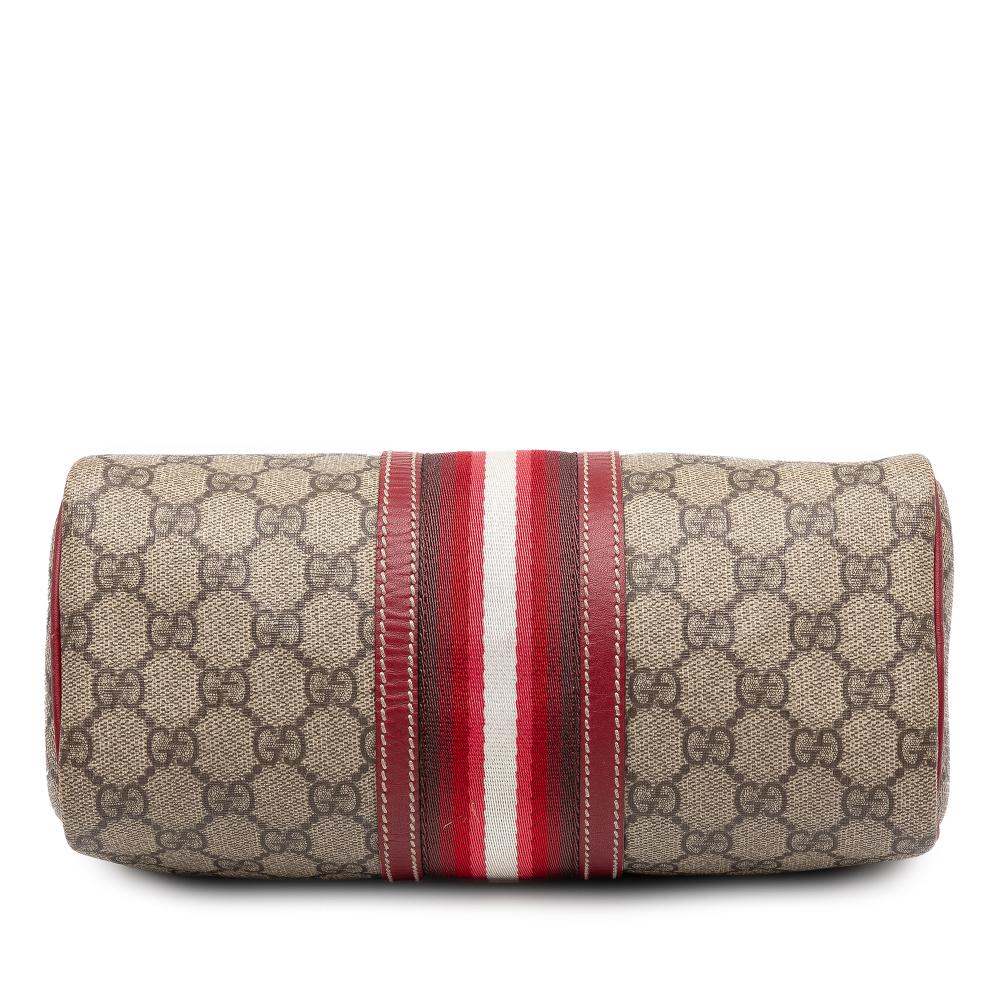 Gucci B Gucci Brown Beige with Red Coated Canvas Fabric Small GG Supreme Web Joy Boston Bag Italy