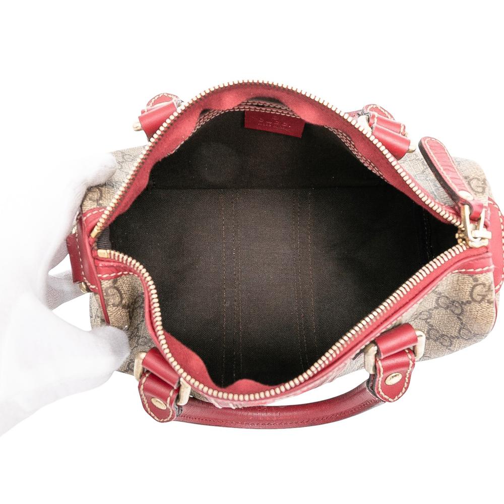 Gucci B Gucci Brown Beige with Red Coated Canvas Fabric Small GG Supreme Web Joy Boston Bag Italy