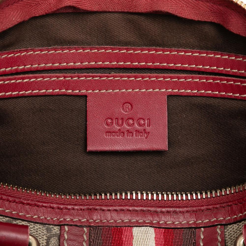 Gucci B Gucci Brown Beige with Red Coated Canvas Fabric Small GG Supreme Web Joy Boston Bag Italy