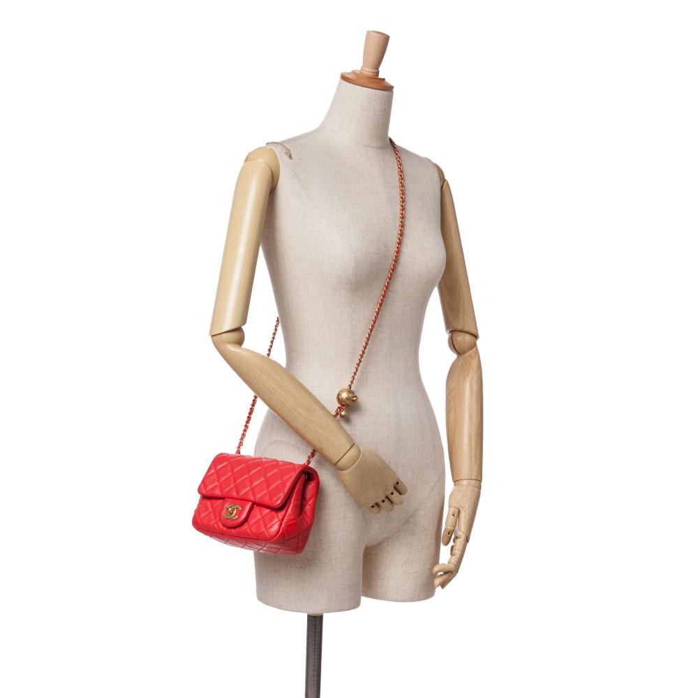 Chanel B Chanel Red Lambskin Leather Leather Mini Square Classic Lambskin Pearl Crush Single Flap Italy