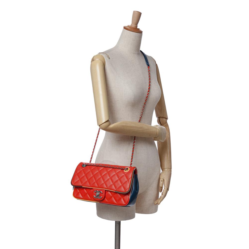 Chanel B Chanel Red with Blue Navy Lambskin Leather Leather Medium Quilted Lambskin Cuba Color Flap Italy