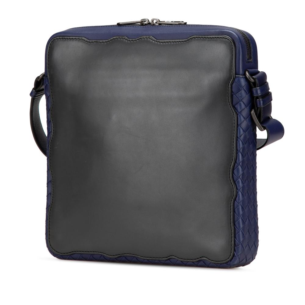 Bottega Veneta B Bottega Veneta Black with Blue Calf Leather Intrecciato Trimmed Crossbody Italy