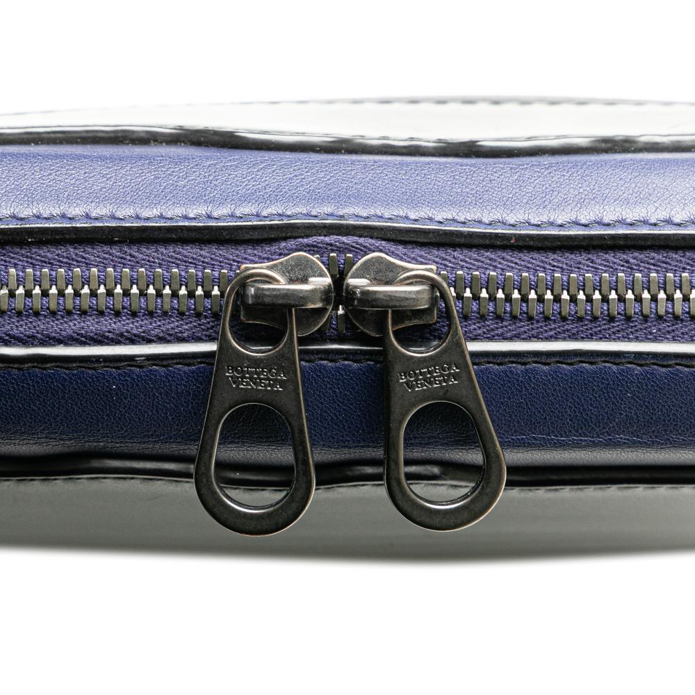 Bottega Veneta B Bottega Veneta Black with Blue Calf Leather Intrecciato Trimmed Crossbody Italy