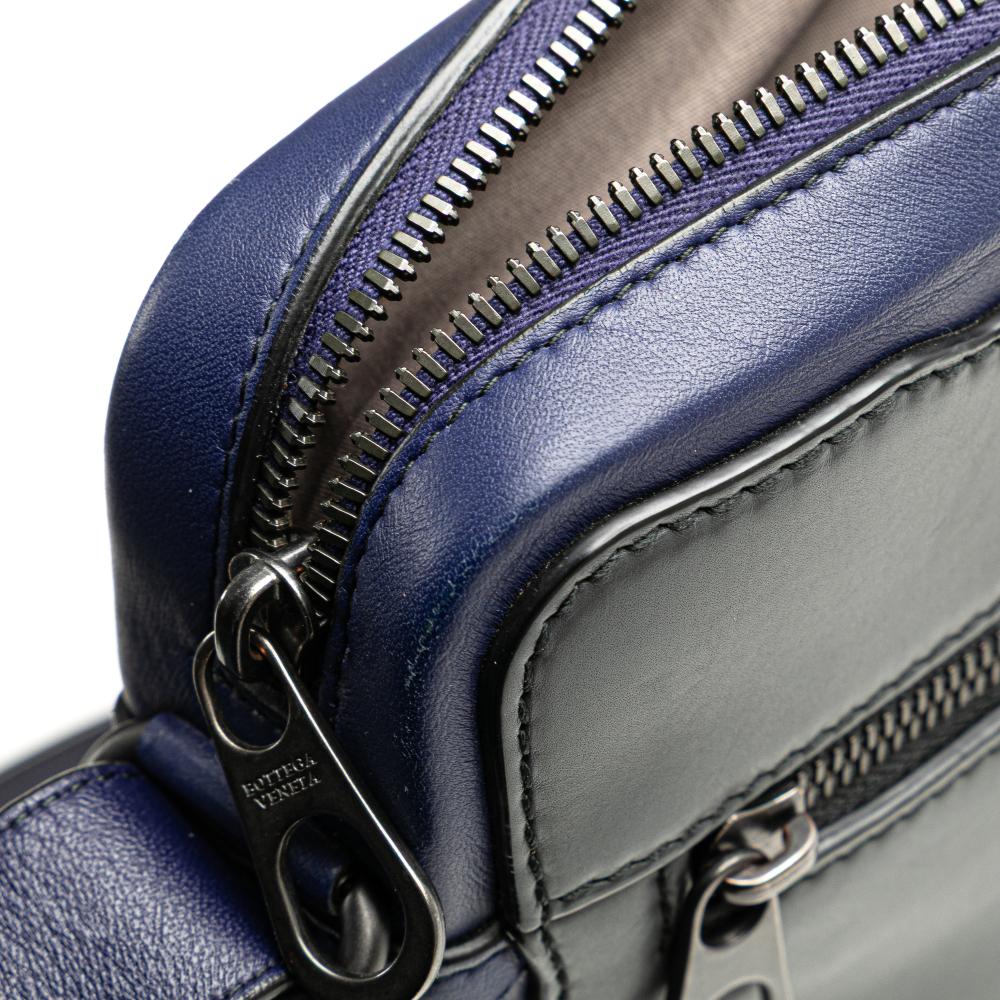 Bottega Veneta B Bottega Veneta Black with Blue Calf Leather Intrecciato Trimmed Crossbody Italy